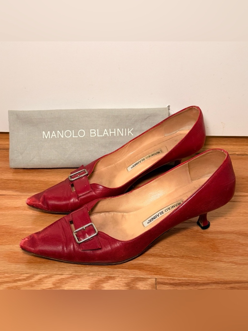 Manolo Blahnik Dark Red Leather Buckle Kitten Heels